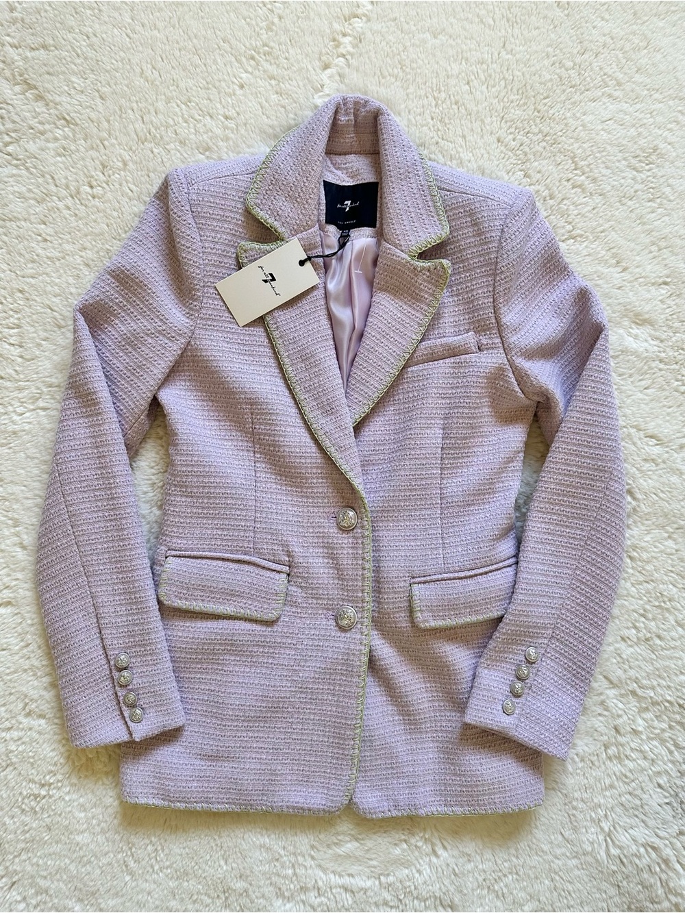 7 For All Mankind Lavender Tweed Button Collared Lined Blazer Pockets XS NWT